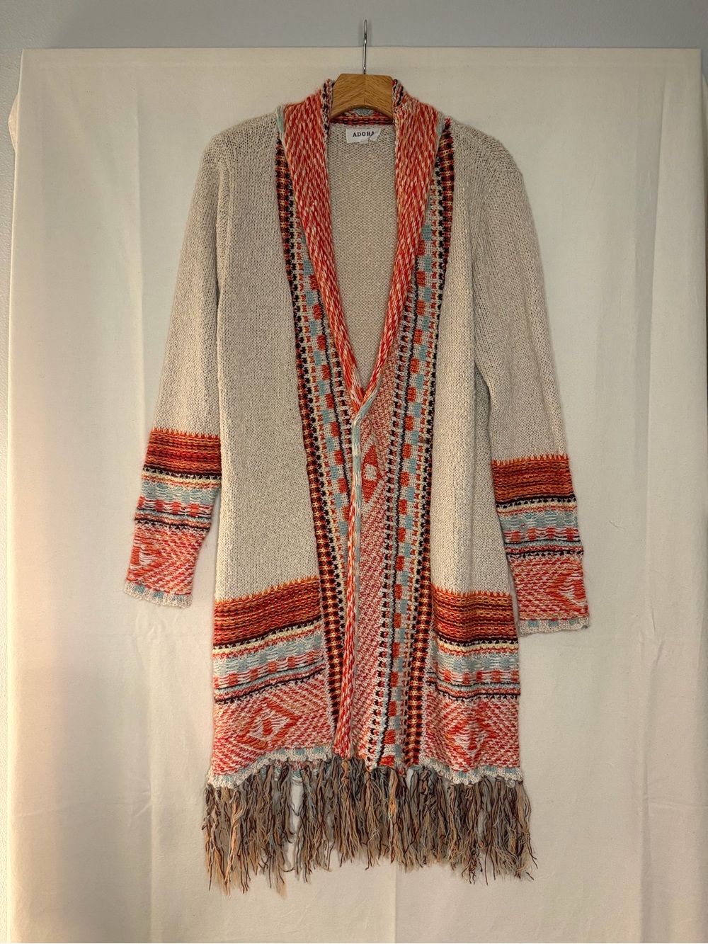 ADORA Cream Cardigan with Orange & Light Blue Patterned Trim